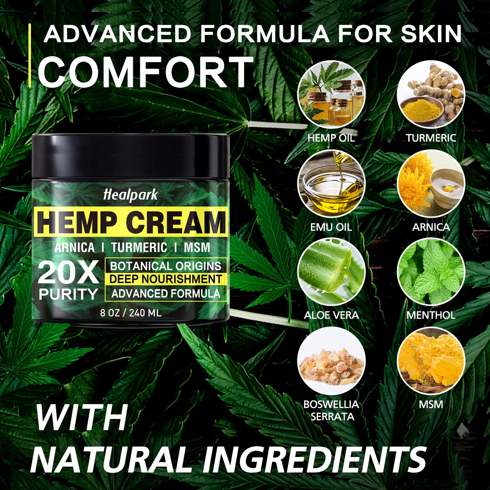 Healpark hemp cream jar highlights turmeric and emu oil for nourishing skin.