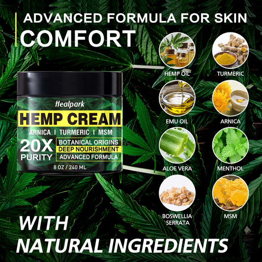 Healpark hemp cream jar highlights turmeric and emu oil for nourishing skin.