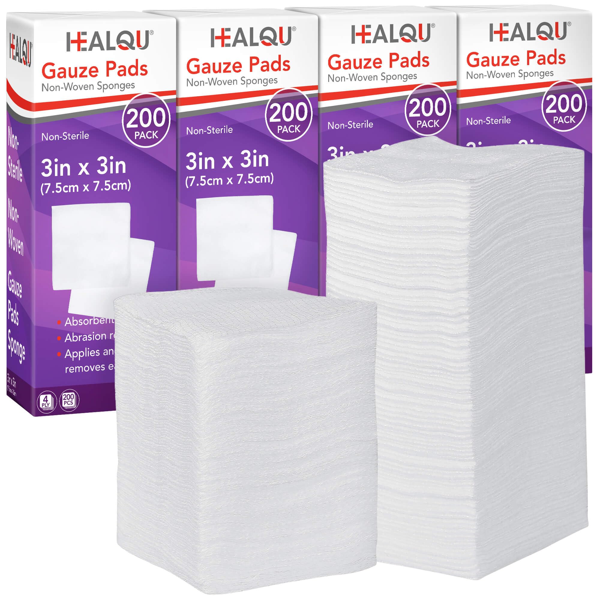 Healqu 800-count bulk gauze sponges in 3x3 size for professional use and easy inventory.