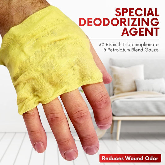 Healqu Xeroform non-adherent dressing for gentle removal from wounds.