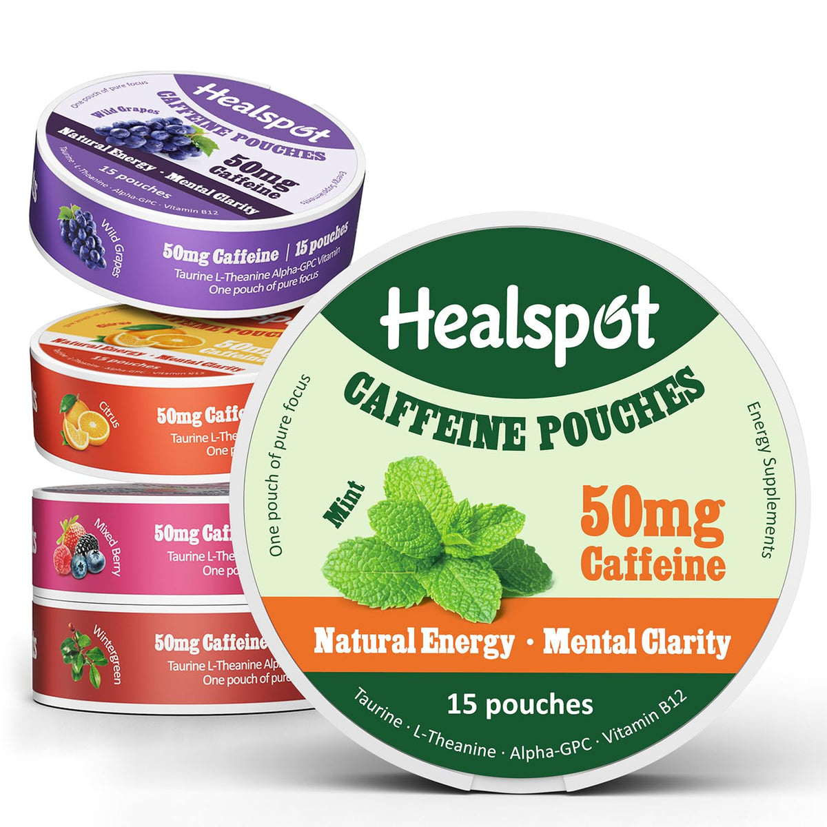Healspot mint flavor caffeine pouch pack for quick focus on the go
