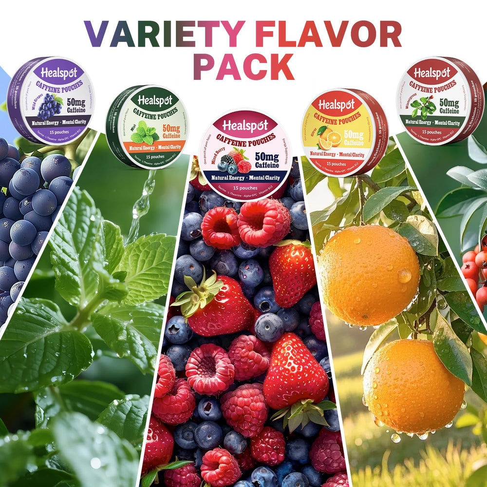 Healspot mixed berry flavor caffeine pouch pack offers rapid concentration with taste