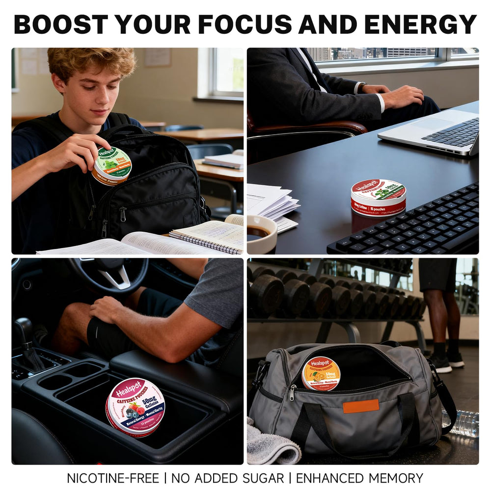 Healspot wintergreen flavor caffeine pouch pack boosts alertness during late tasks