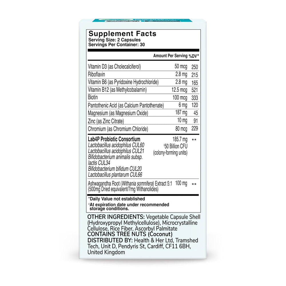 Health and Her natural ingredient panel shows phytoestrogen-free formulation.