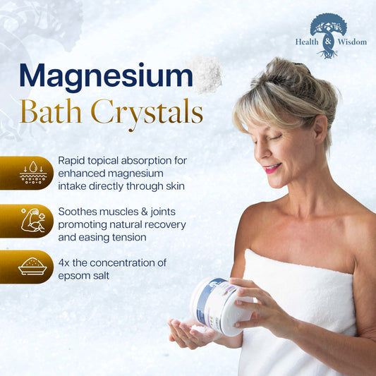Health and Wisdom magnesium bath crystals in a full bath scene for deep relaxation.