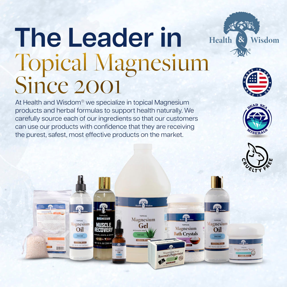 Health and Wisdom magnesium bath crystals used in self-care routines for relaxation.