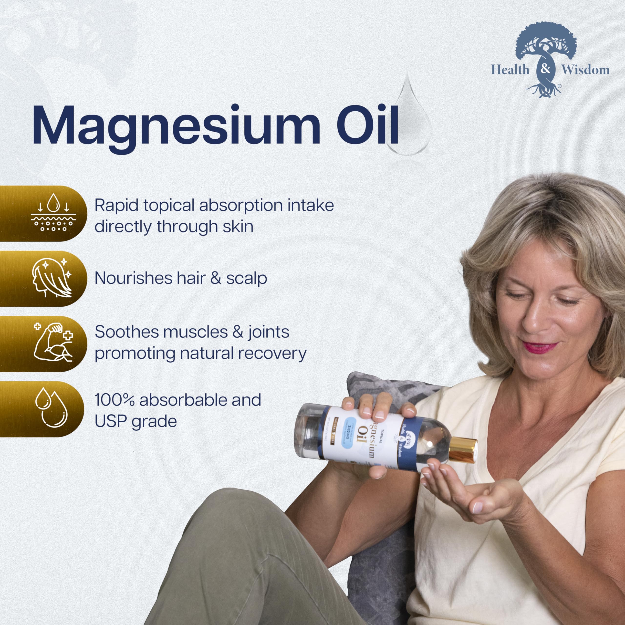 Health & Wisdom Pure Magnesium Oil application scene demonstrating targeted relief.