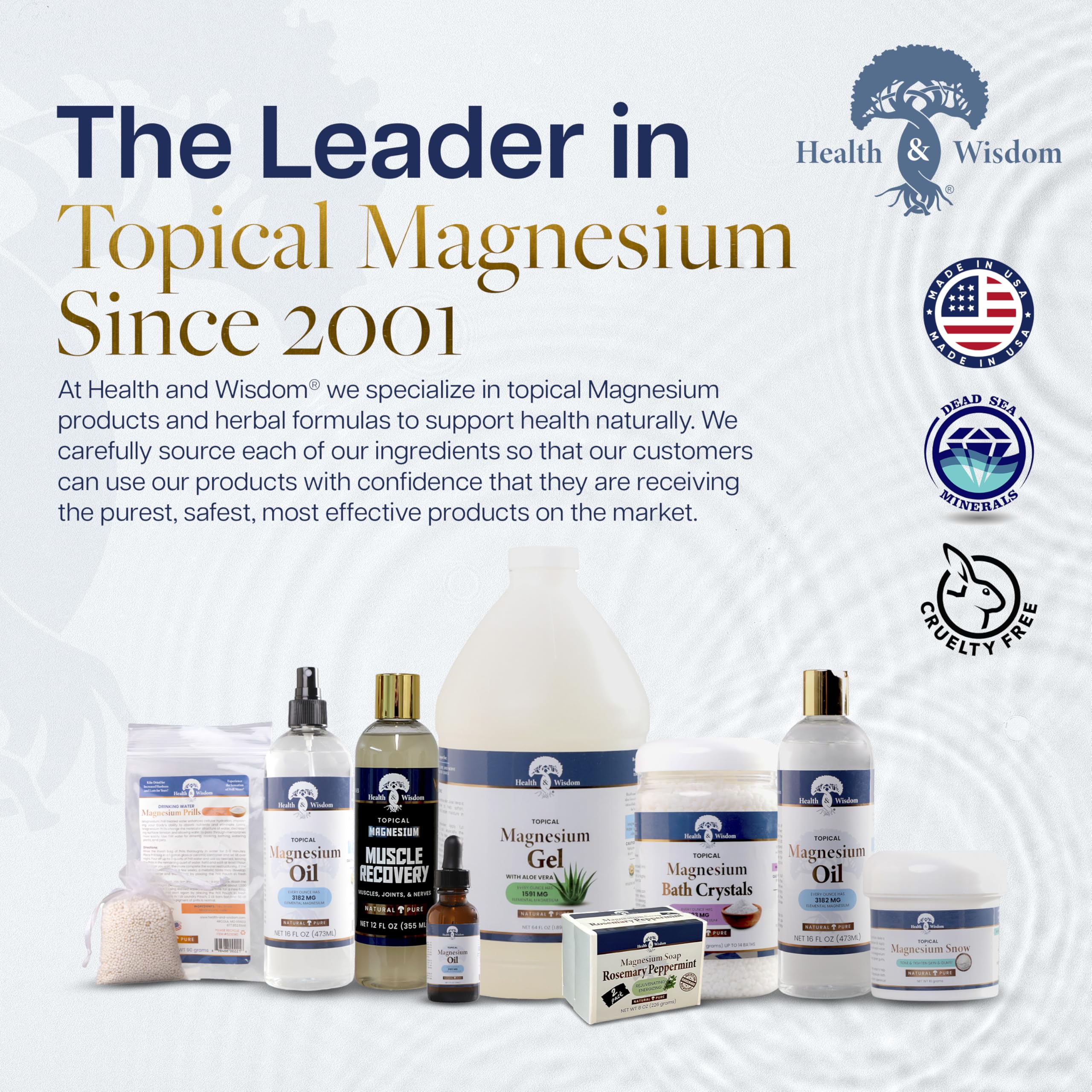 Health & Wisdom Pure Magnesium Oil packaging with USP-grade label.