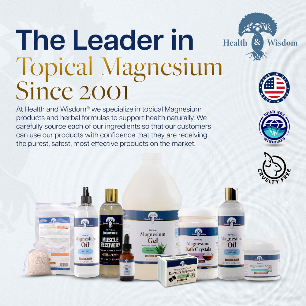 Health & Wisdom Pure Magnesium Oil packaging with USP-grade label.