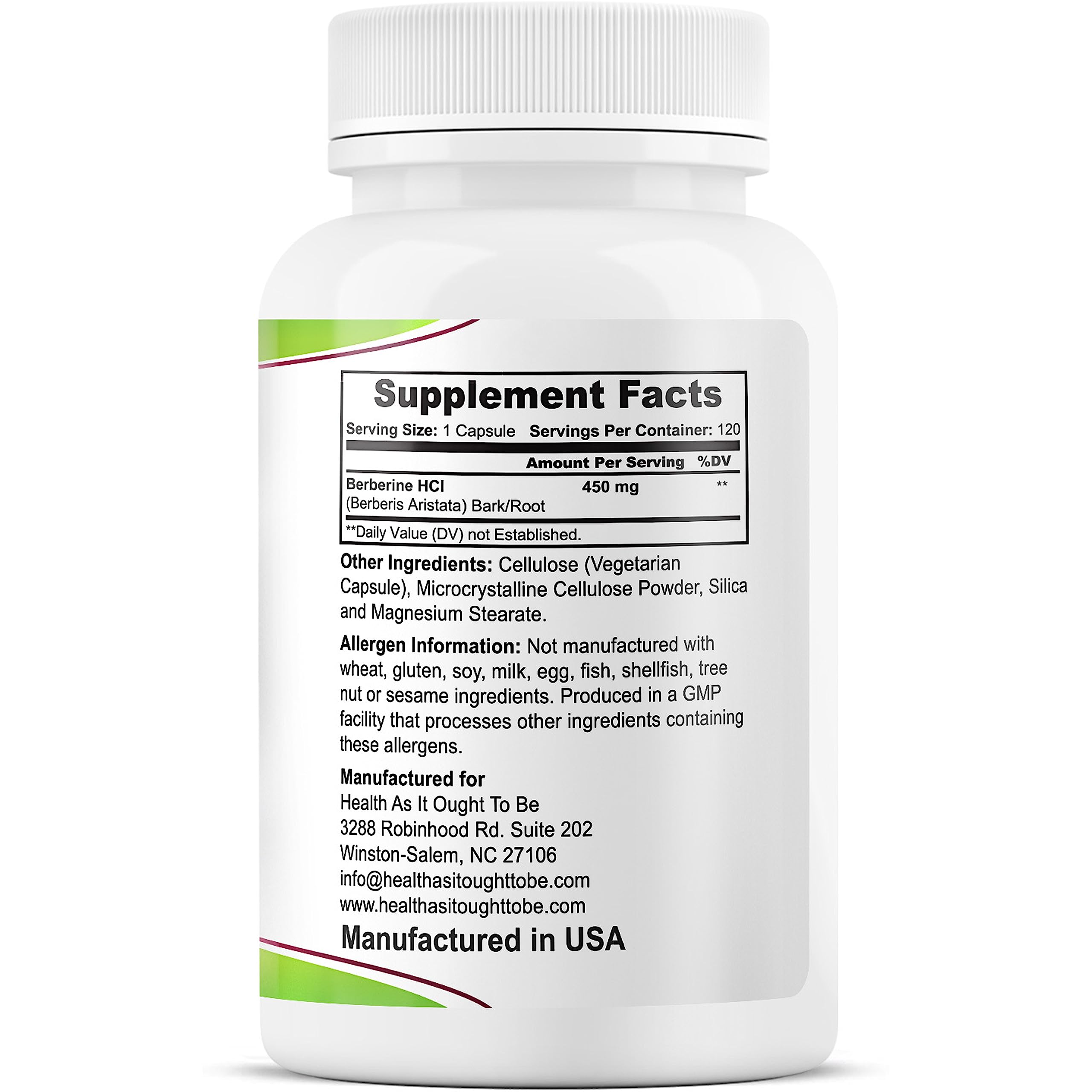 Health As It Ought To Be Berberine capsules closeup, showing pure formula and no preservatives