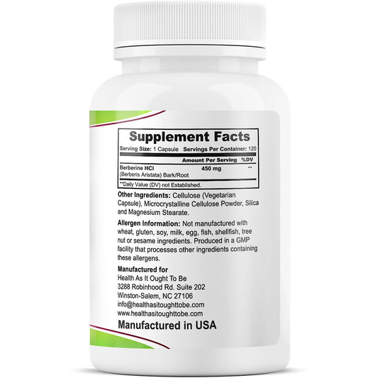 Health As It Ought To Be Berberine capsules closeup, showing pure formula and no preservatives