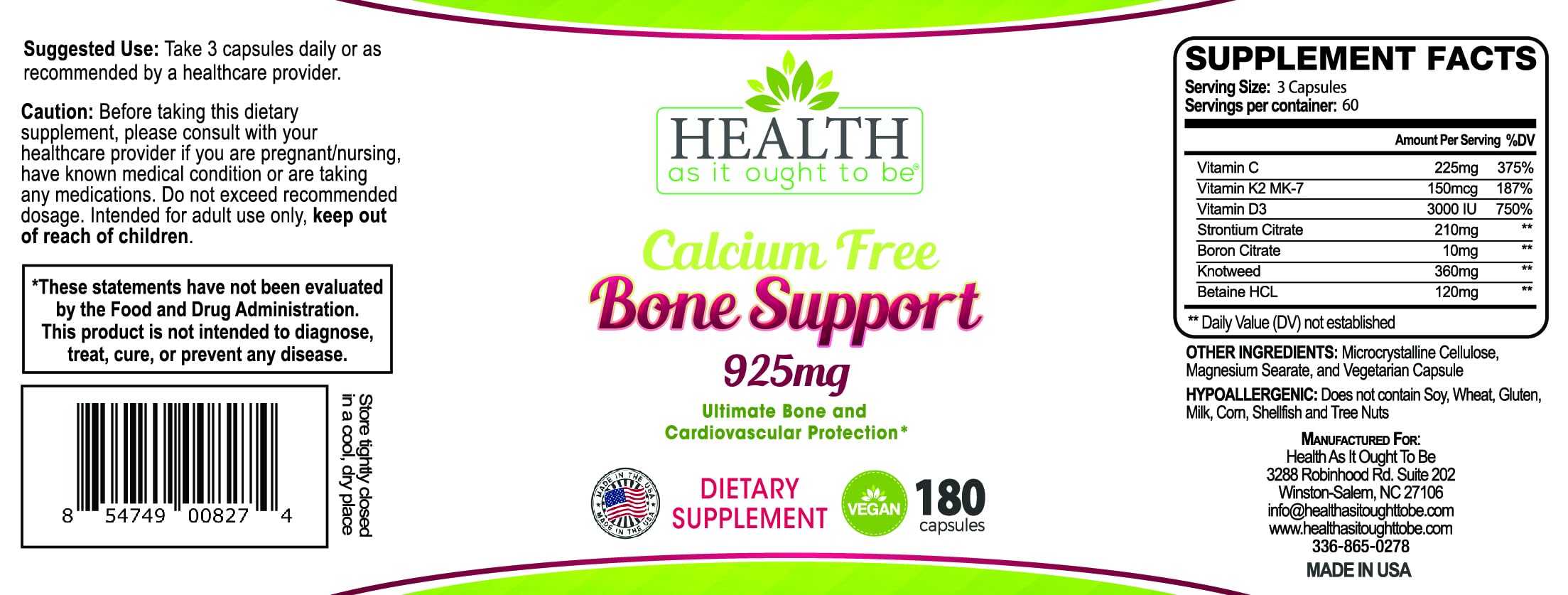 Health As It Ought To Be Calcium Free Bone Support label for bone health planning and monitoring.