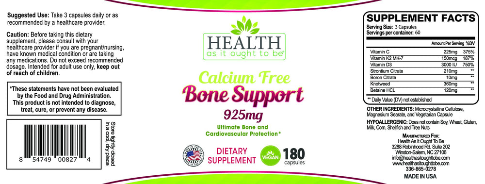 Health As It Ought To Be Calcium Free Bone Support label for bone health planning and monitoring.