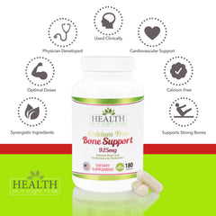 Health As It Ought To Be Calcium Free Bone Support label detail showing a calcium-free formula.