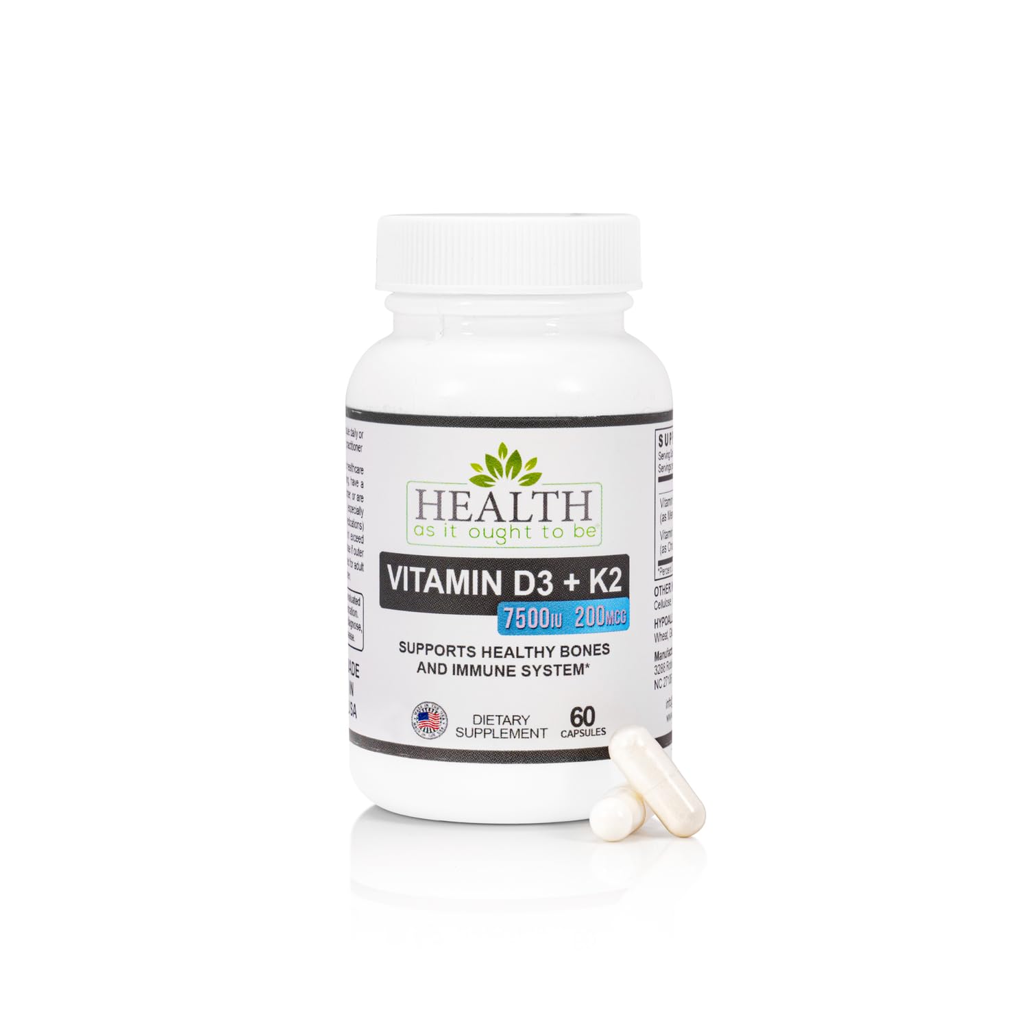 Health As It Ought To Be D3+K2 bottle and capsules, supporting bone health and calcium utilization.