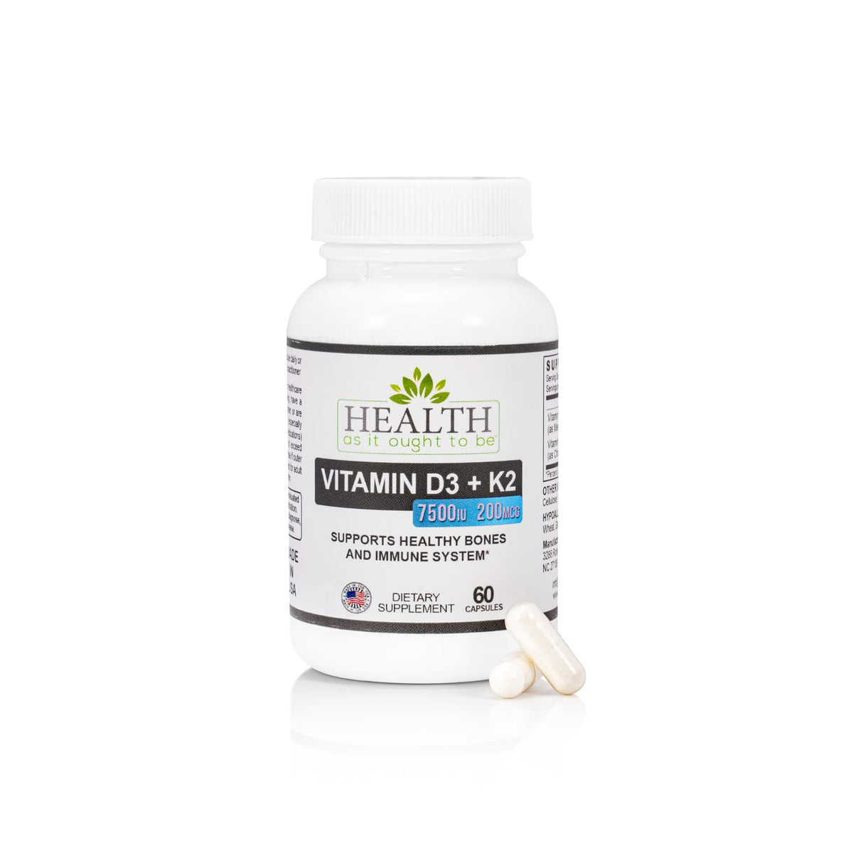 Health As It Ought To Be D3+K2 bottle and capsules, supporting bone health and calcium utilization.