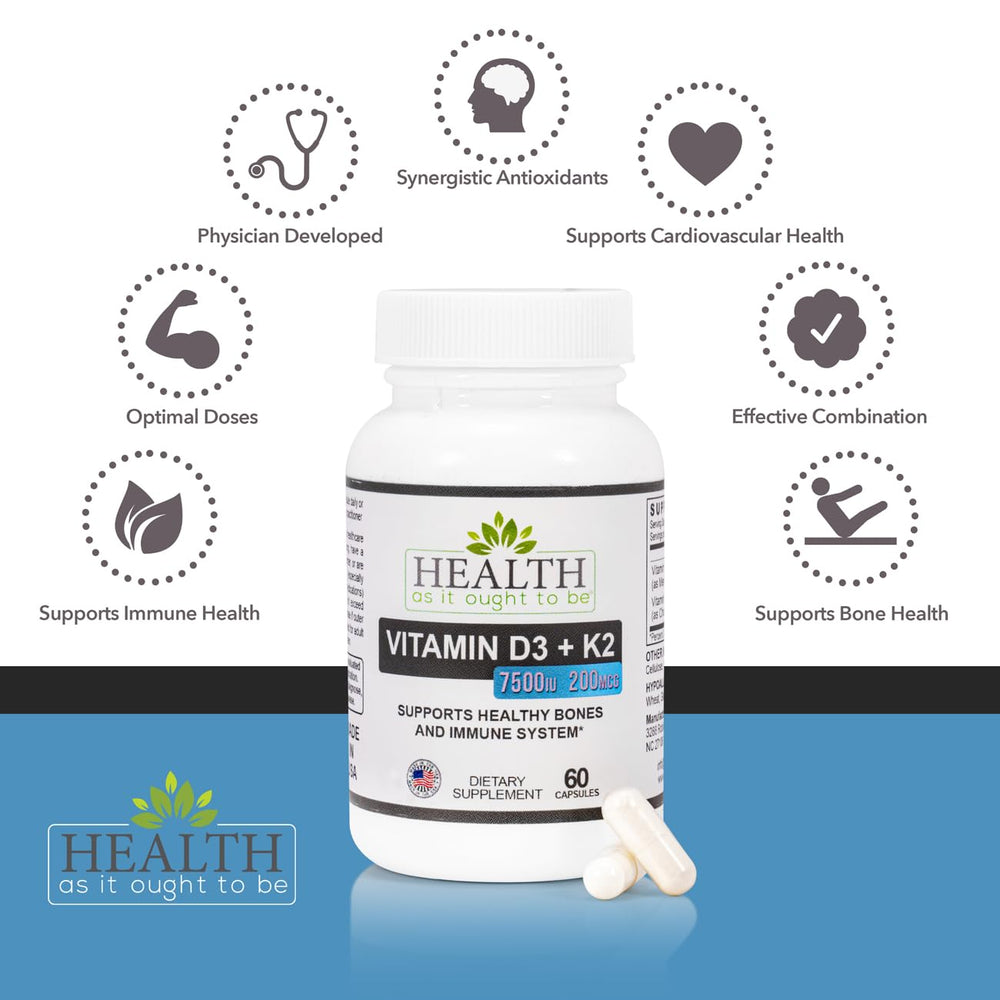 Health As It Ought To Be D3+K2 packaging highlighting convenient 60-capsule supply.