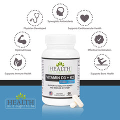 Health As It Ought To Be D3+K2 packaging highlighting convenient 60-capsule supply.