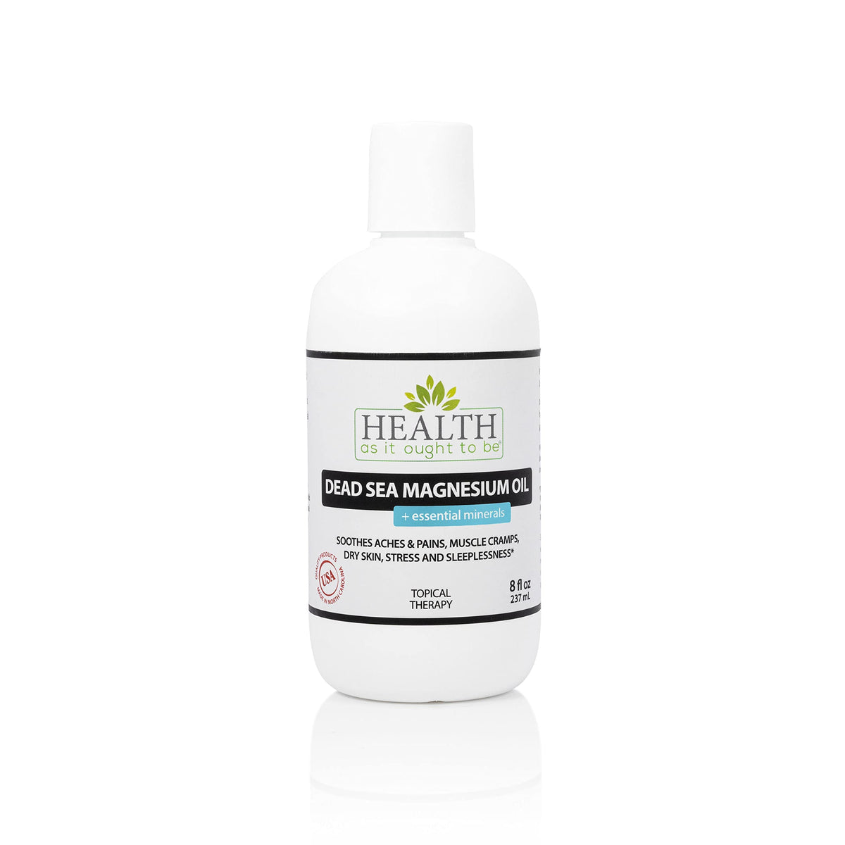 Health As It Ought To Be Dead Sea Magnesium Oil 8 oz bottle for topical relaxation.