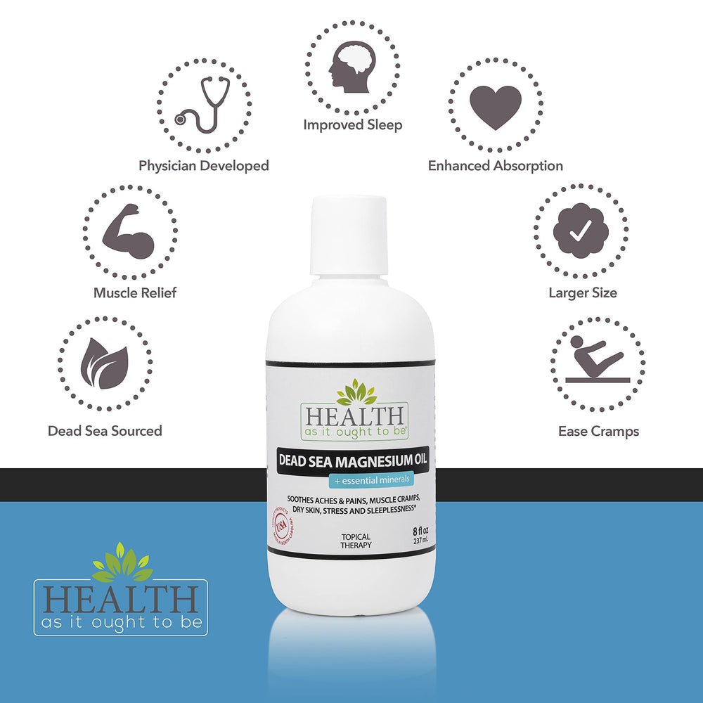 Health As It Ought To Be Dead Sea Magnesium Oil label close-up highlights mineral-rich formula.