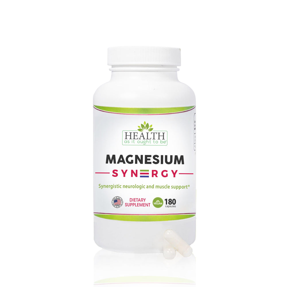 Health As It Ought To Be Magnesium Syn3rgy bottle shows three forms for daily balance