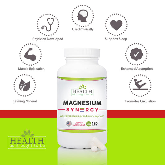 Health As It Ought To Be Magnesium Syn3rgy capsules illustrate easy-to-swallow support for restful evenings