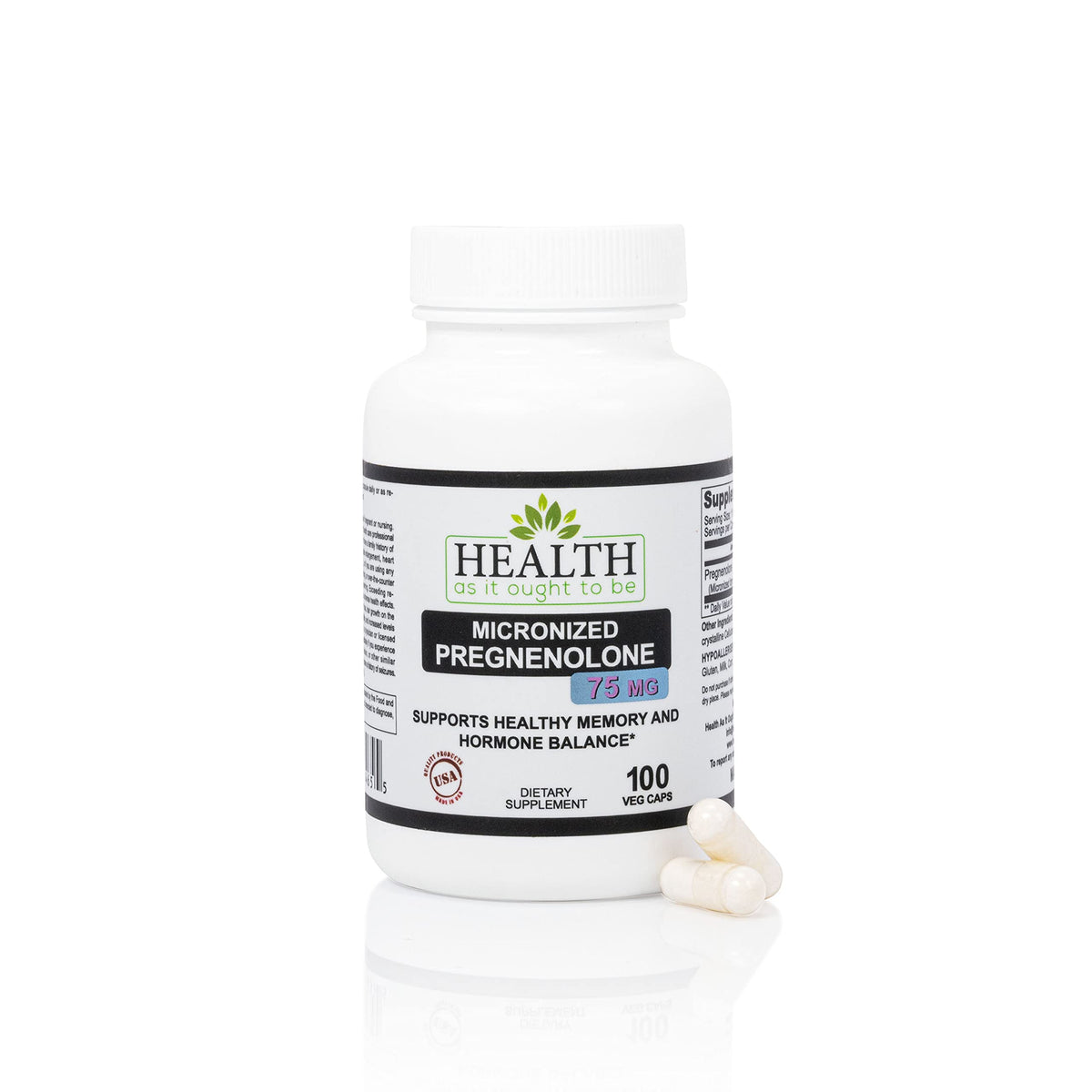 Health As It Ought To Be Pregnenolone 75mg capsules on label signaling potency and purity.