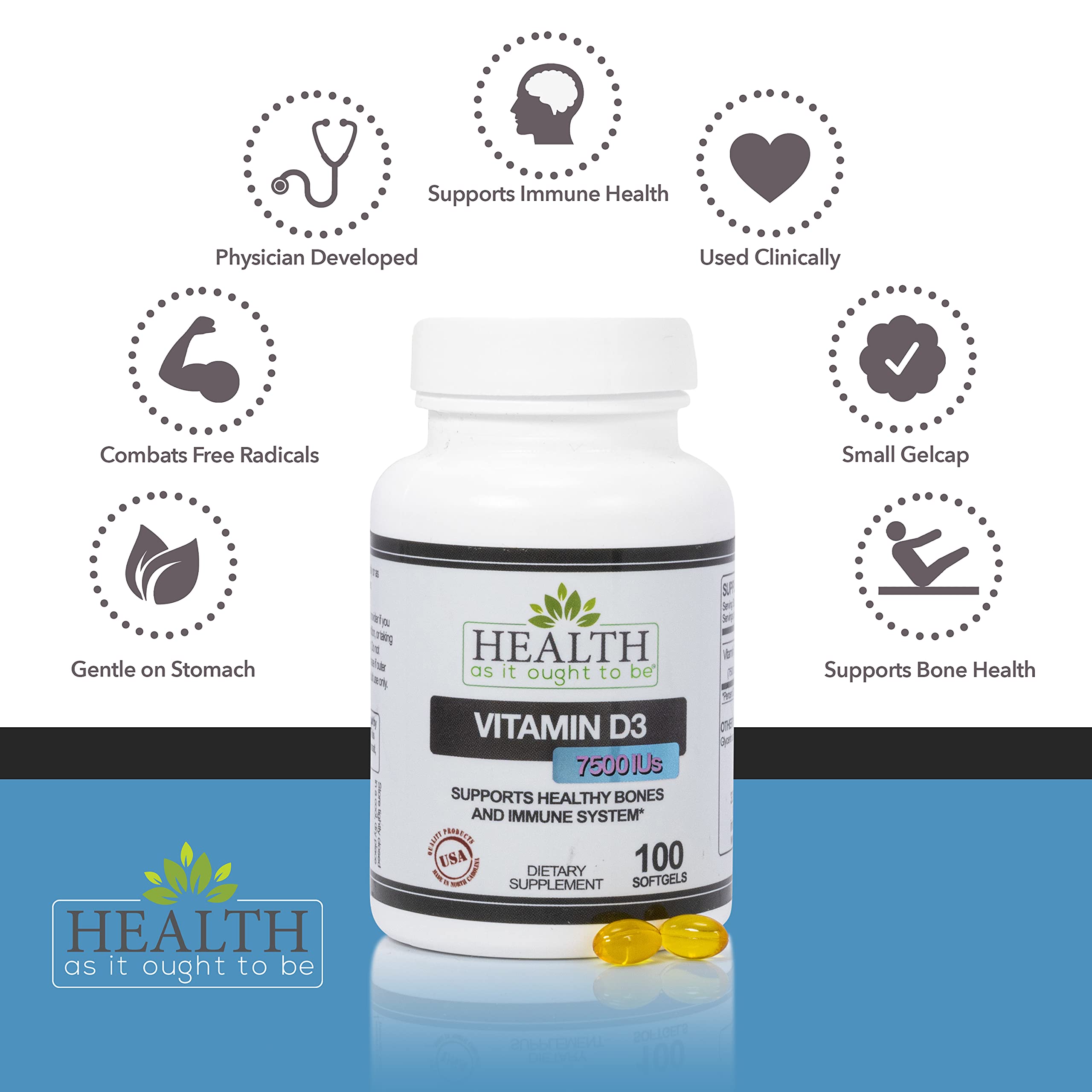 Health As It Ought To Be Vitamin D3 softgels on the counter for daily immune support