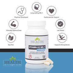 Health As It Ought To Be Vitamin K2 MK-7 label closeup shows dosage and soy-free claim