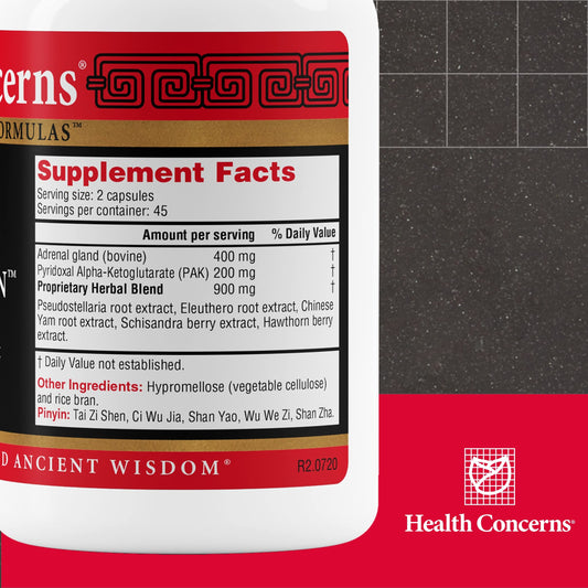 Health Concerns Adrenosen capsules close-up highlighting high-potency adrenal support