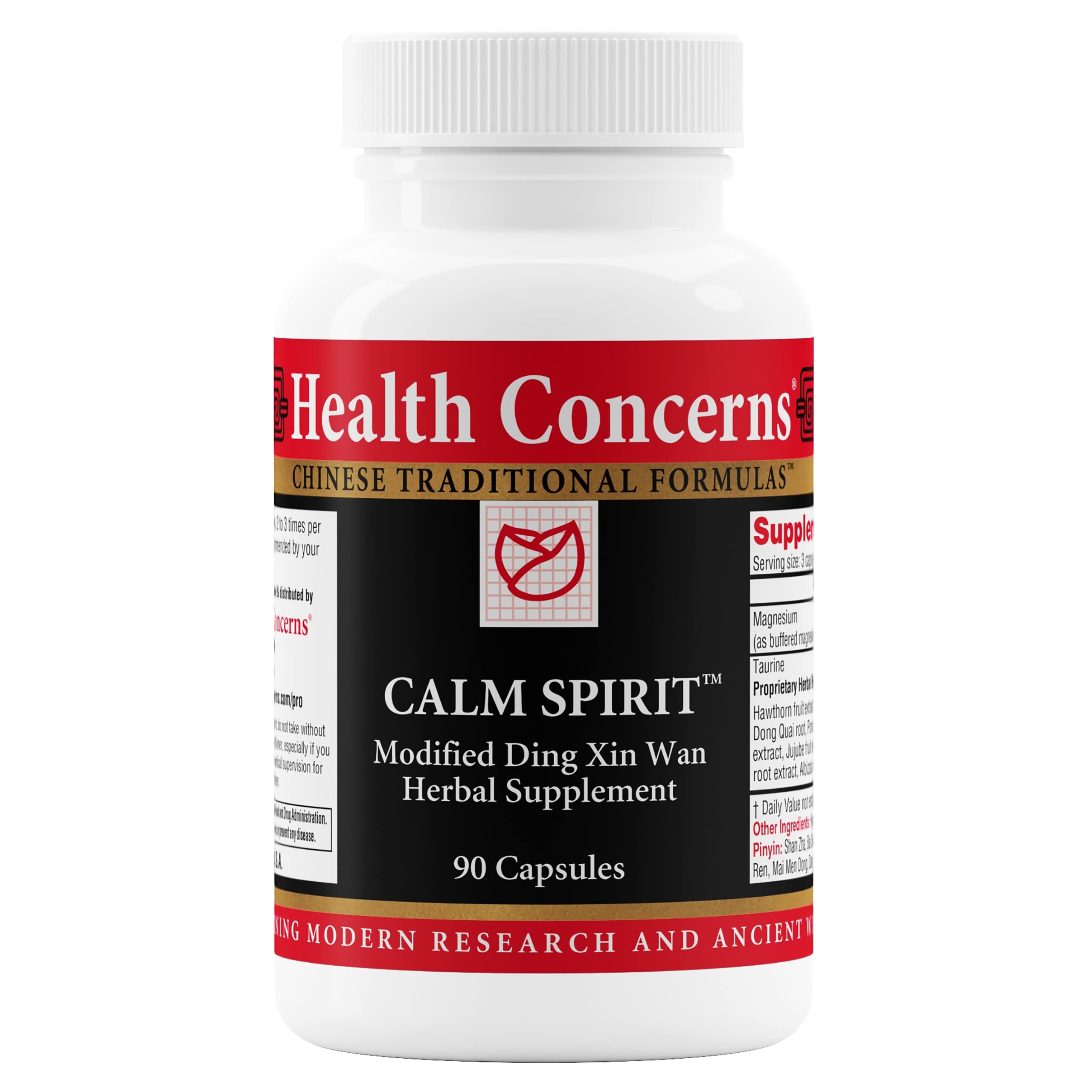 Health Concerns Calm Spirit bottle with front label, showing 90 capsules for daily stress relief.