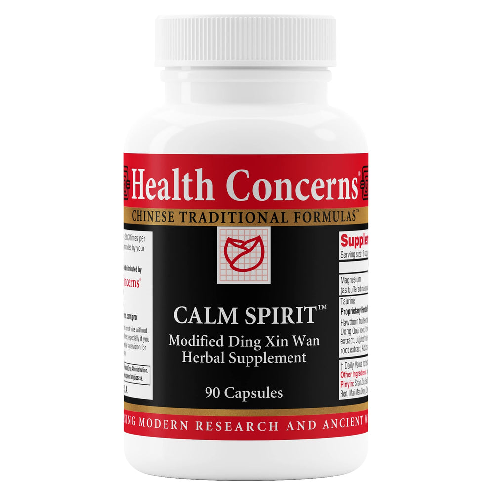 Health Concerns Calm Spirit bottle with front label, showing 90 capsules for daily stress relief.