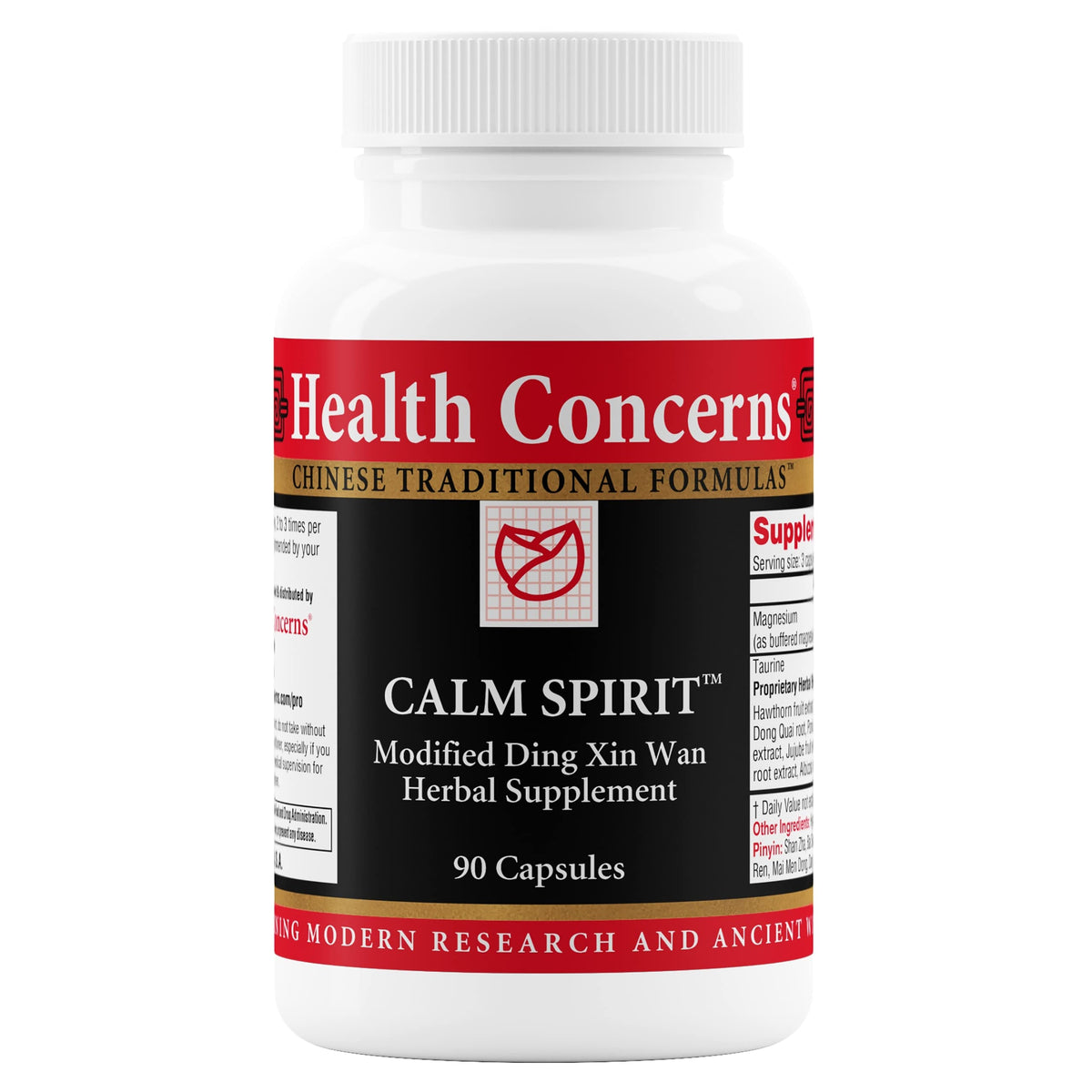 Health Concerns Calm Spirit bottle with front label, showing 90 capsules for daily stress relief.
