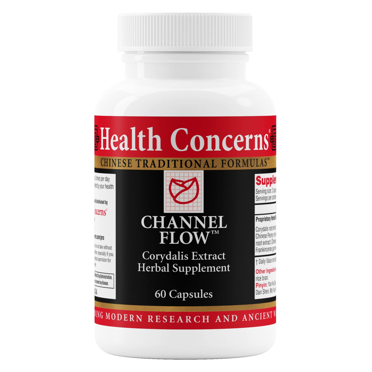 Health Concerns Channel Flow bottle front view for daily use and muscle comfort.