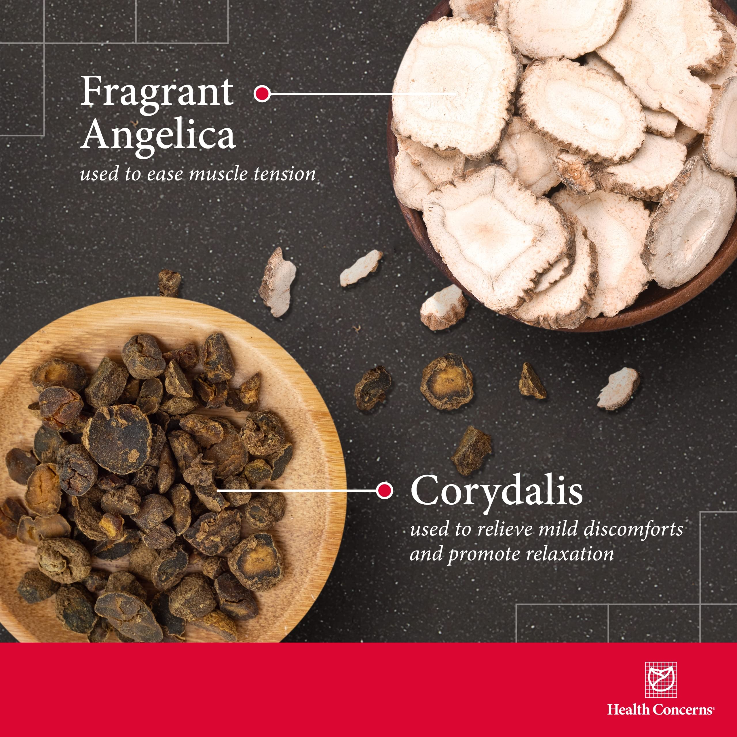 Health Concerns Channel Flow capsules close-up reveals a potent herbal blend for relaxation.