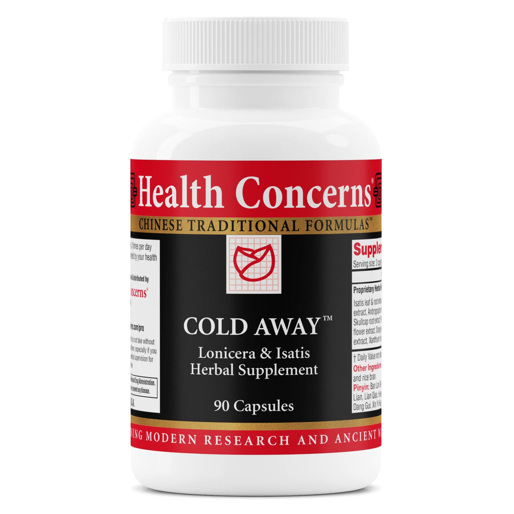 Health Concerns Cold Away bottle with capsules for immune support during travel.