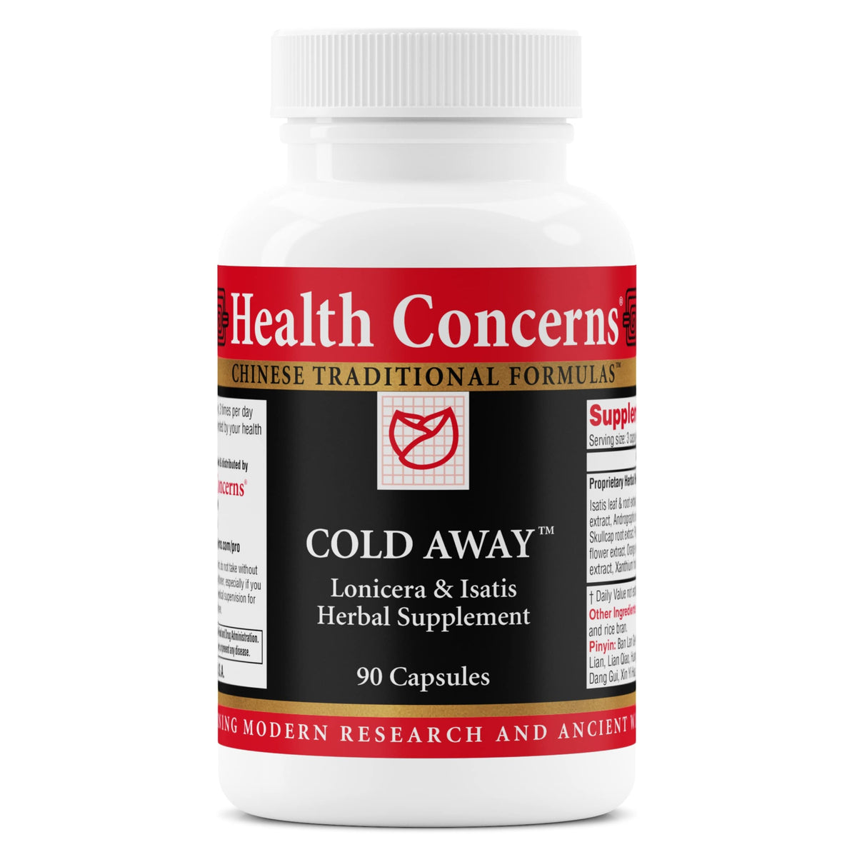 Health Concerns Cold Away bottle with capsules for immune support during travel.