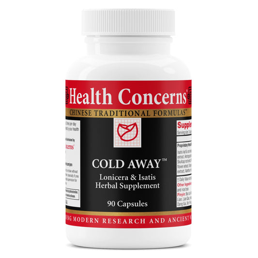 Health Concerns Cold Away bottle with capsules for immune support during travel.