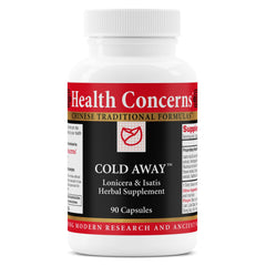 Health Concerns Cold Away bottle with capsules for immune support during travel.