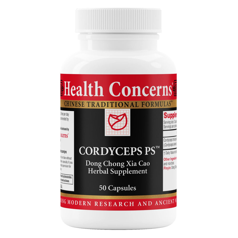Health Concerns Cordyceps PS bottle promoting lung support and vitality.