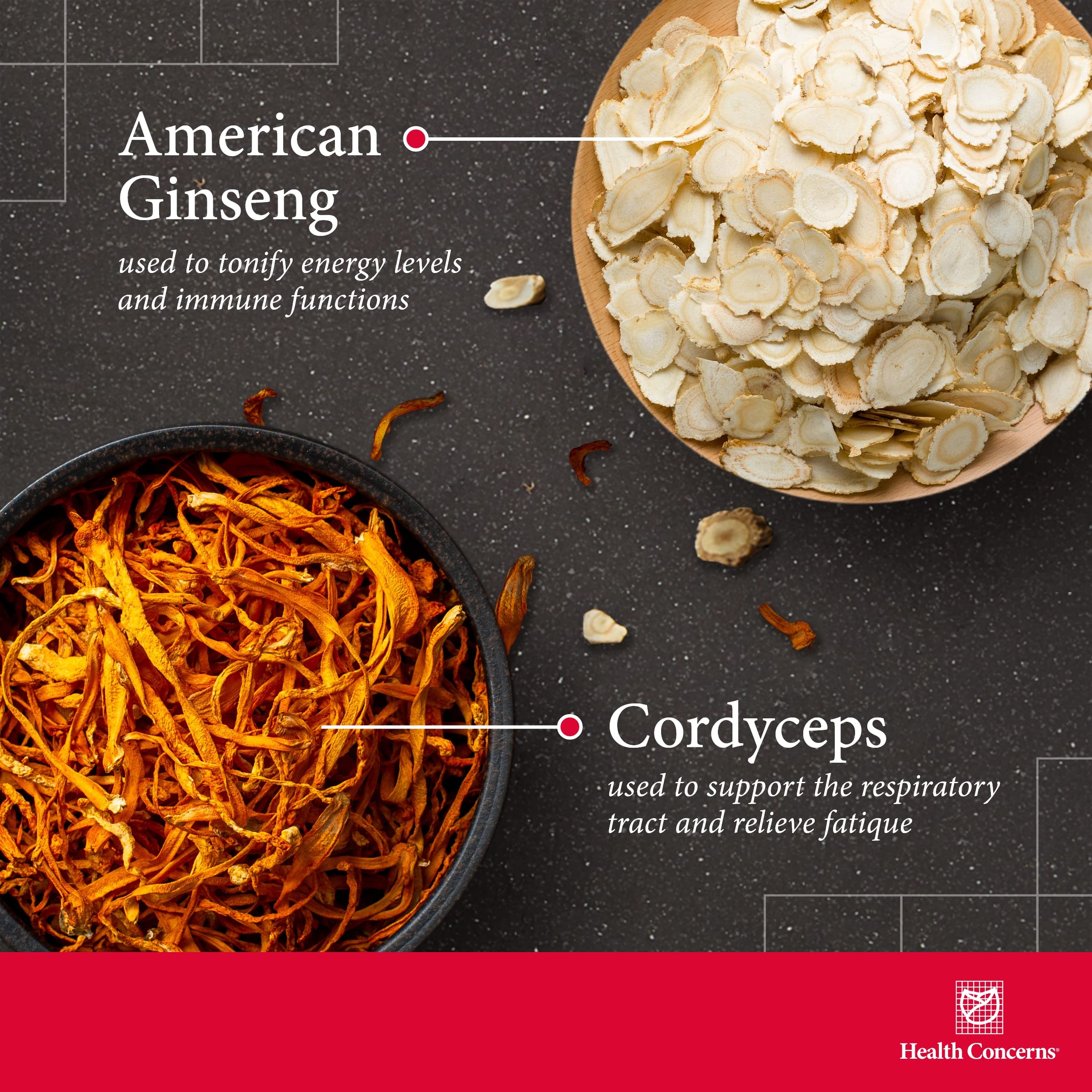 Health Concerns CordySeng label close-up showing blend components