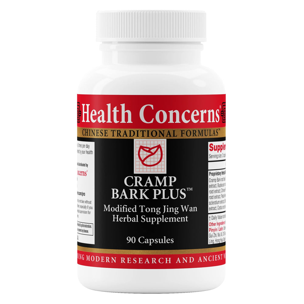 Health Concerns Cramp Bark Plus bottle with 90 capsules for daily menstrual support.