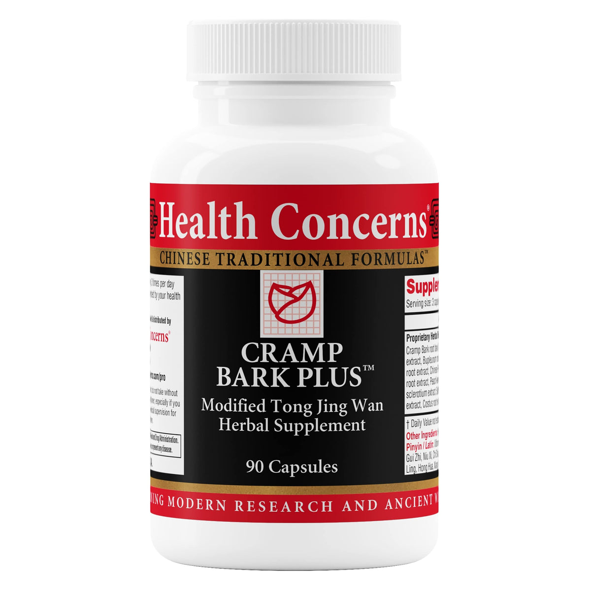 Health Concerns Cramp Bark Plus bottle with 90 capsules for daily menstrual support.