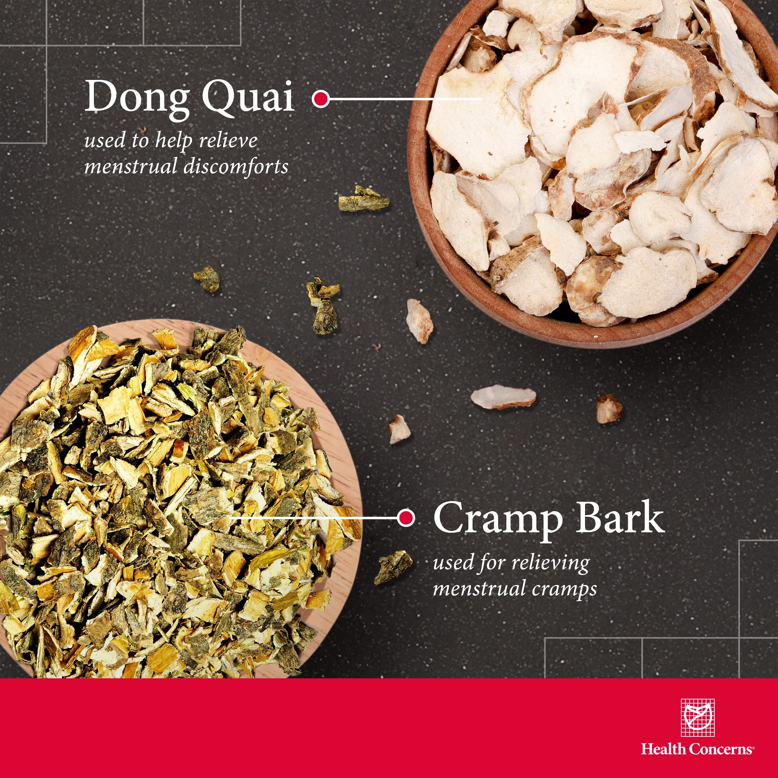 Health Concerns Cramp Bark Plus label featuring dong quai and select botanicals.