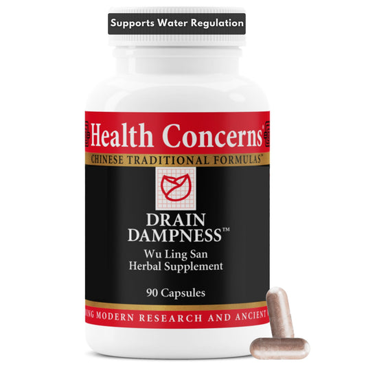 Health Concerns Drain Dampness bottle with capsules suggests kidney support and balance.