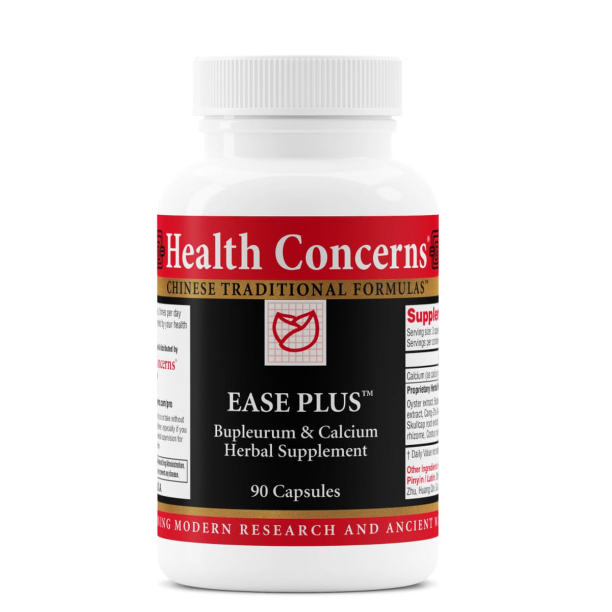 Health Concerns Ease Plus bottle showing the herbal blend for mood support and digestion.