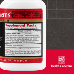 Health Concerns Eight Treasures bottle label closeup highlighting herbal ingredients for vitality