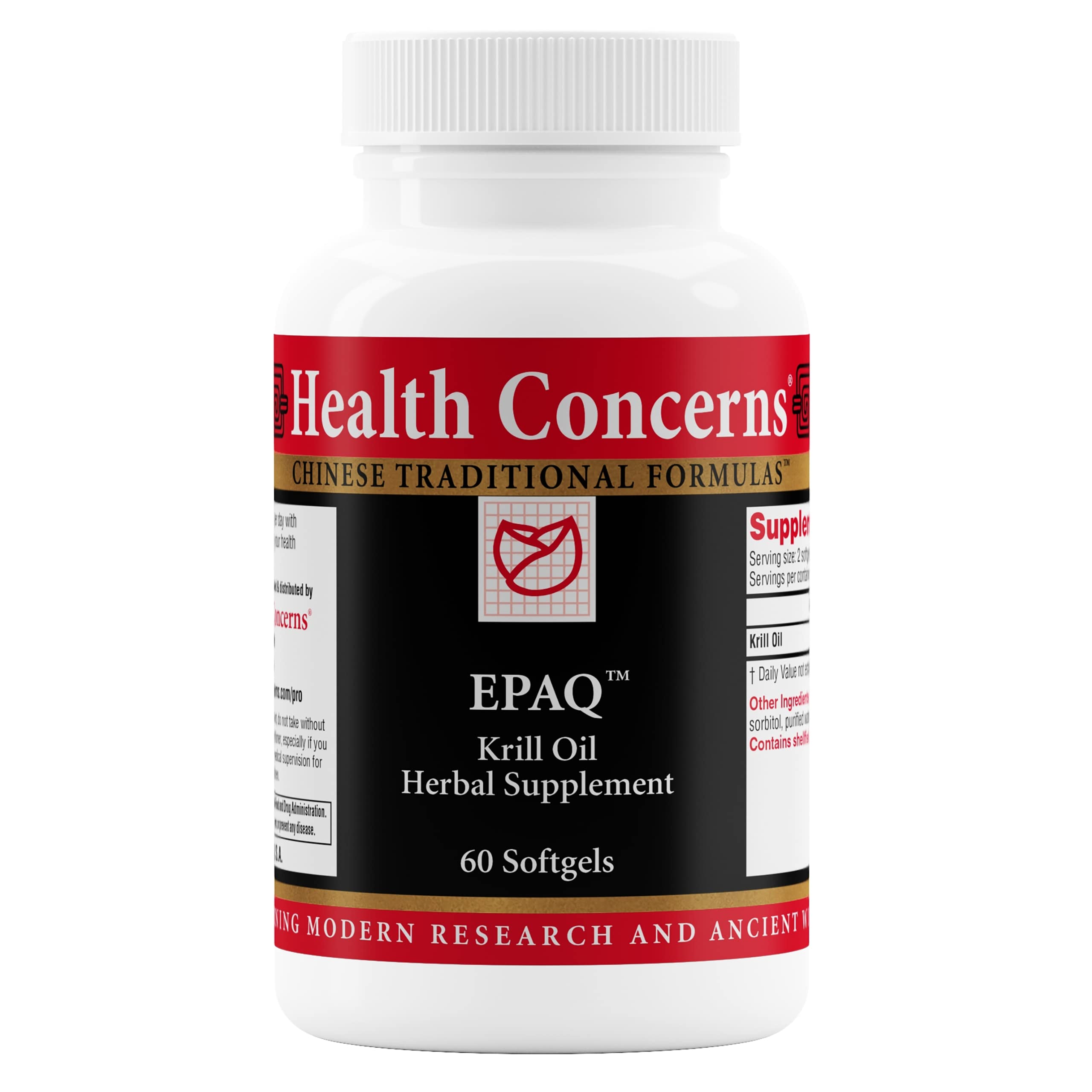 Health Concerns EPAQ bottle label highlighting brain health support for daily use.