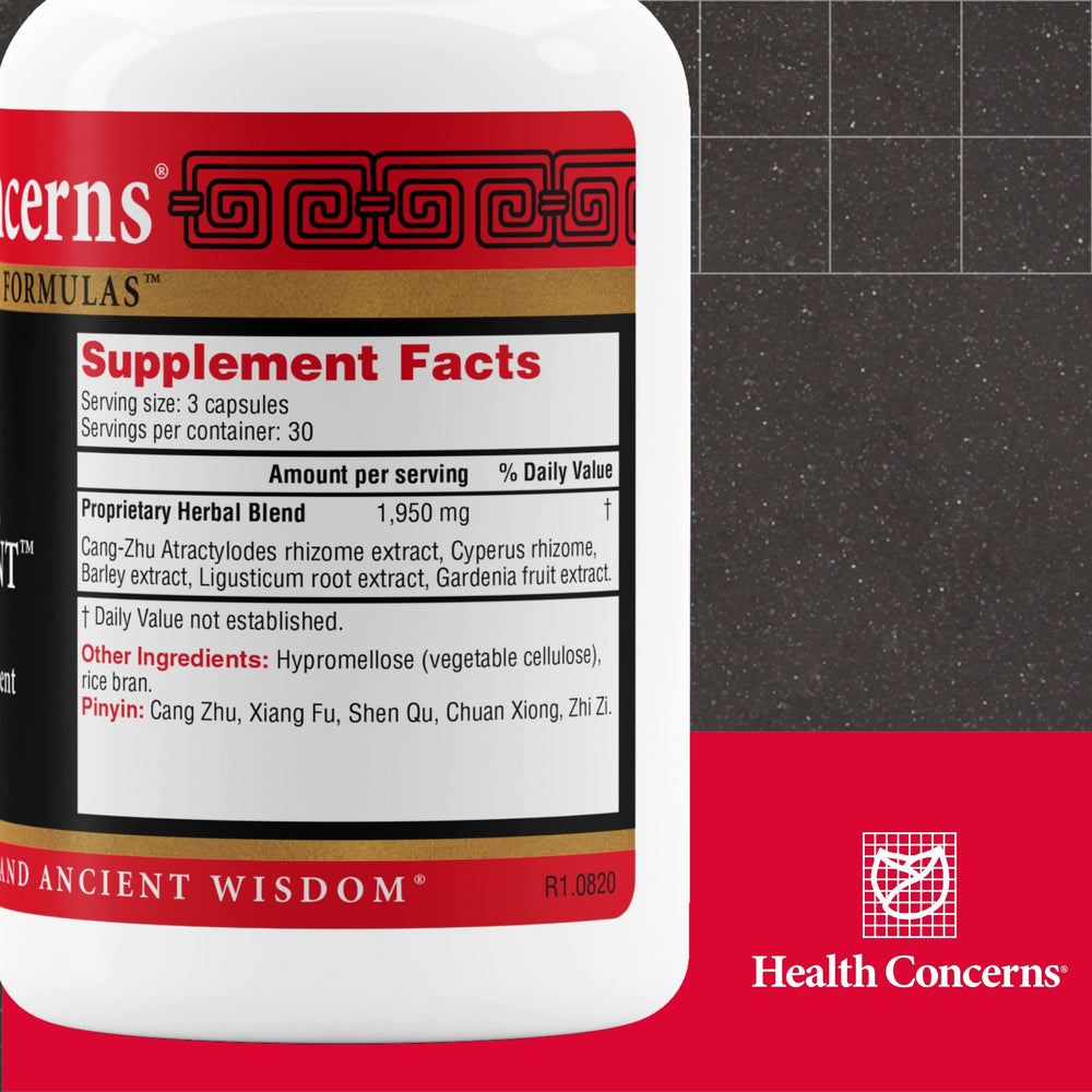 Health Concerns Escape Restraint capsules close-up; herbal blend promoting liver and digestion harmony.