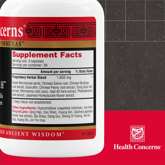 Health Concerns Formula H capsules close-up showing daily use and bottle size.